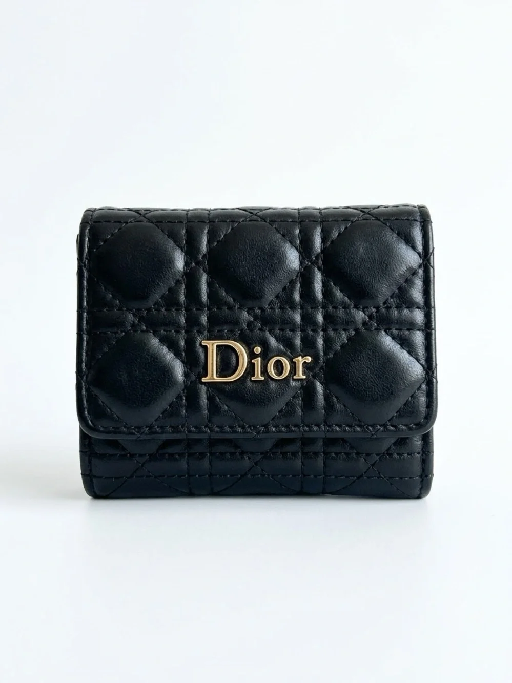 Black Quilted Trifold Wallet with Gold Logo